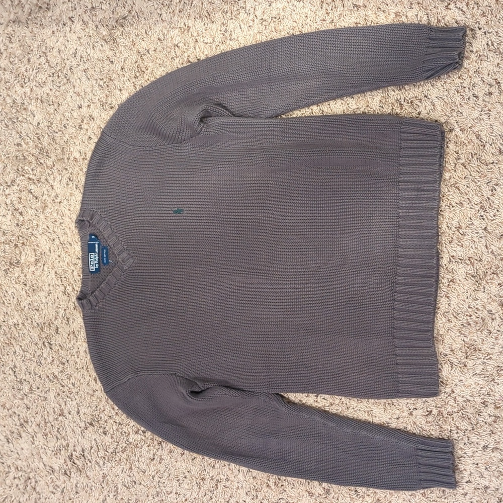 Polo V-neck Gray Cotton Sweater (Small)